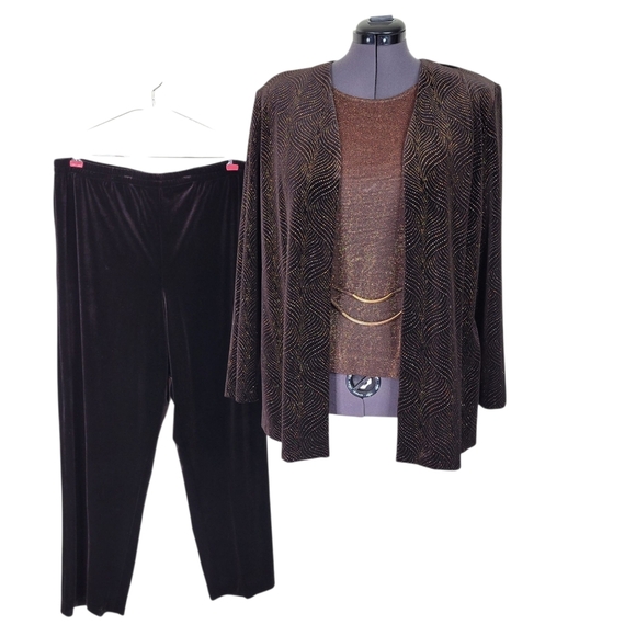 R&M Richards Karen Kwong Pant Suit Size 18 Black Copper Sparkle 2Fer Jacket Long